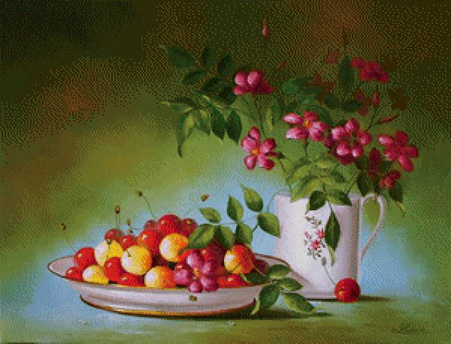 Натюрморт - ягоды, вишня, цветы - предпросмотр