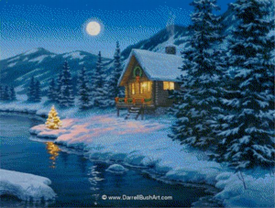 Зимняя ночь - новый год, зима, село, зимний пейзаж, ночной пейзаж - предпросмотр