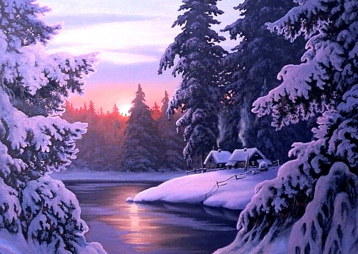 Перед рассветом - рассвет, река, зима, снег, пейзаж, избушки - оригинал