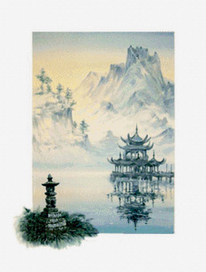 восток - пагода, живопись, картина, горы, природа - предпросмотр