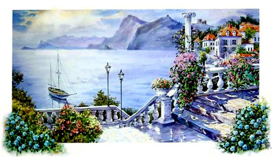 море - дома, живопись, природа, горы, лодка, картина, цветы, лестница - оригинал