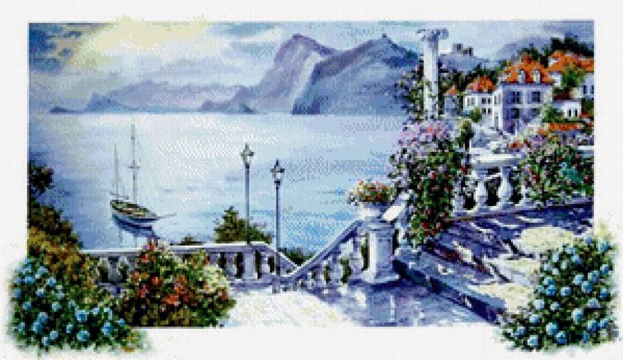 море - природа, дома, лодка, цветы, живопись, горы, картина, лестница - предпросмотр