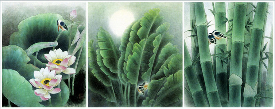 триптих восток - птицы, бамбук, живопись, лотос, китай - оригинал