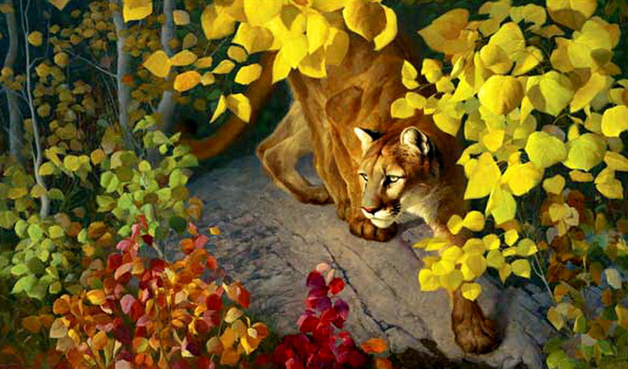 пума - осень, листья, хищник, природа, живопись - оригинал