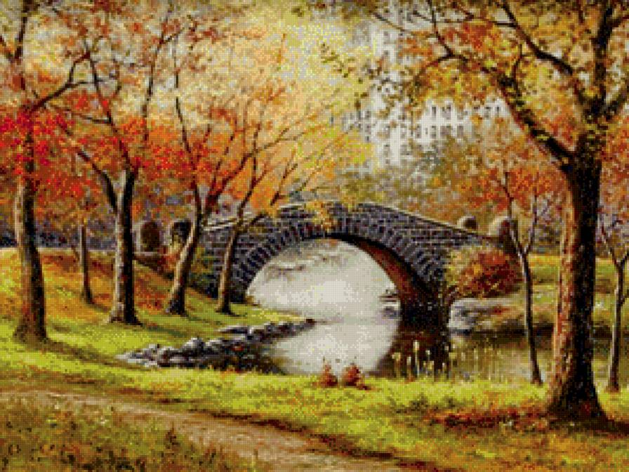осень - природа, деревья, мост, парк, река, живопись, город, картина - предпросмотр