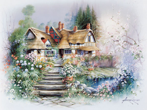 Серия "Пейзажи" - пейзаж, домик, лестница, цветы, лето - оригинал