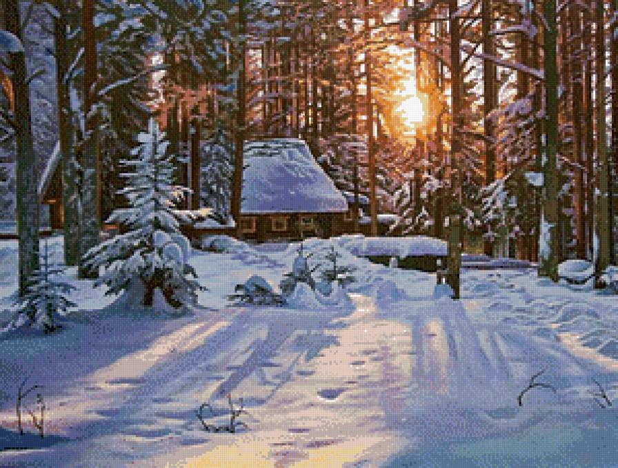 Февраль - зима, пейзаж, домик, солнце, снег, деревья - предпросмотр
