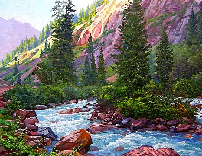 Бурный поток - река, горы, камни, пейзаж, елки, пороги - оригинал
