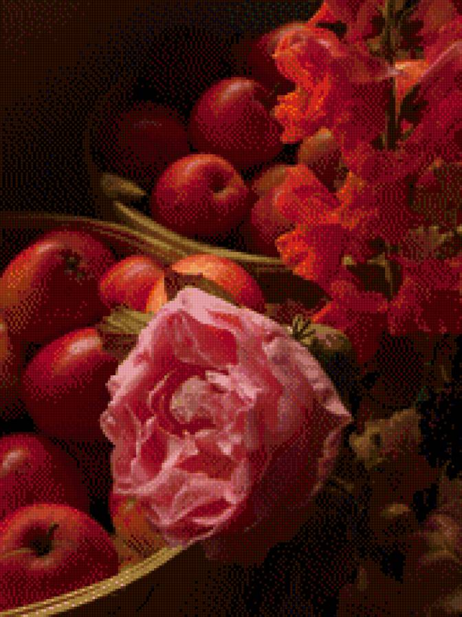 Осенний натюрморт - цветы, осень, натюрморт, розы, яблоки - предпросмотр