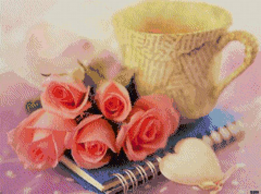 розы - букет, роза, натюрморт, сердце, чашка, цветы - предпросмотр