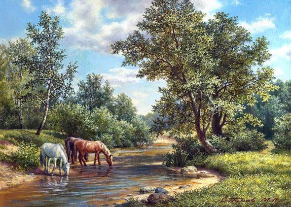 кони на водопое - природа, лошади, животные, кони - оригинал
