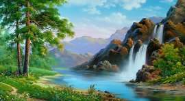 Водопад - озеро, природа, лето, лес, река, пейзаж - оригинал