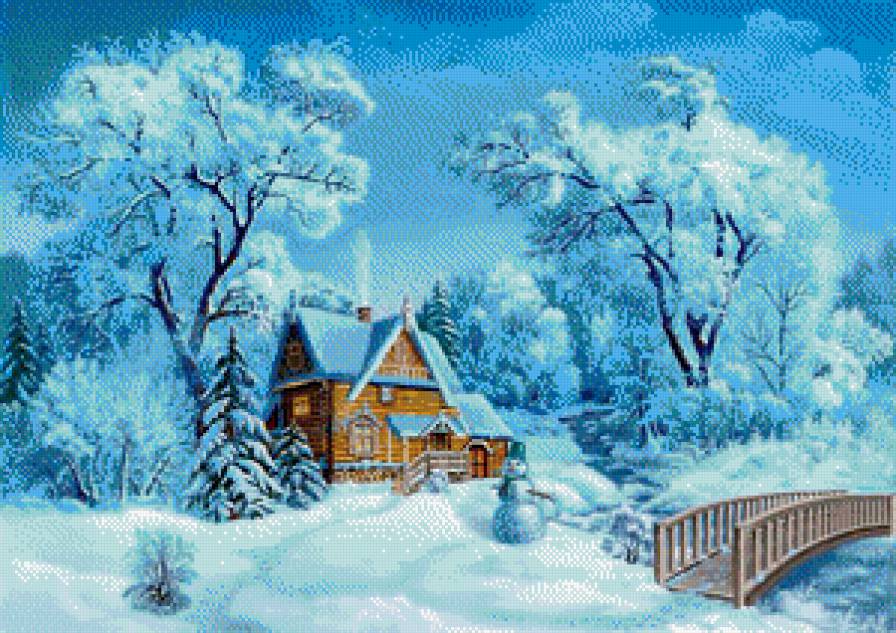 Домик в лесу - зима, рождество, новый год, снеговик - предпросмотр