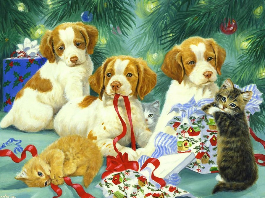 Под ёлкой - собаки, котята, кошки, рождество, новый год - оригинал