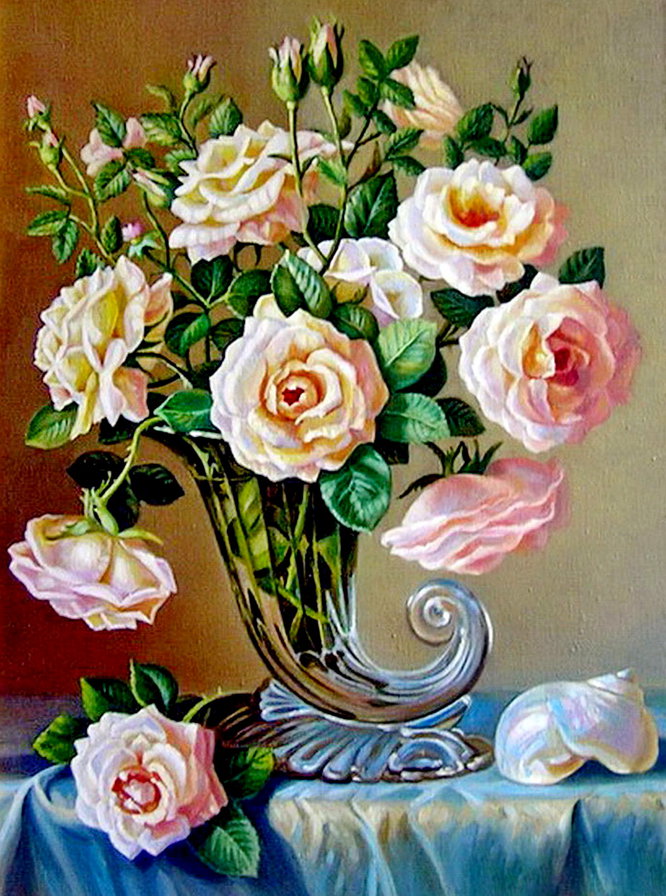 картина - ракушка, розы, ваза, роза, цветы, живопись - оригинал