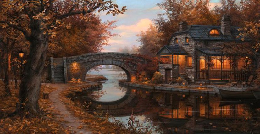 картина - живопись, дерево, дом, мост, река, природа, дорога, осень - оригинал
