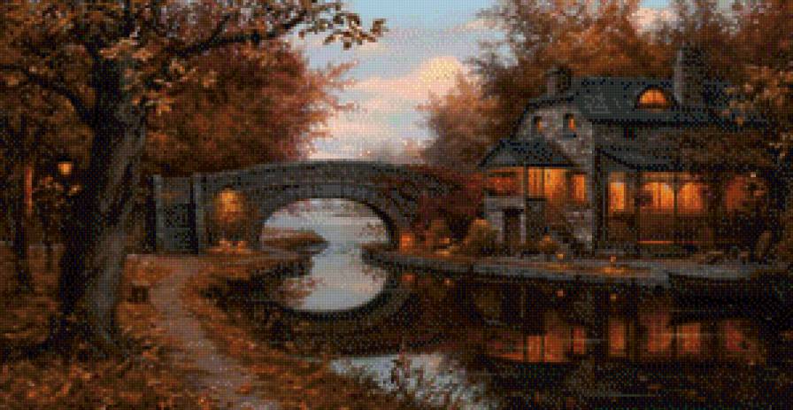 картина - осень, дорога, мост, река, природа, дерево, дом, живопись - предпросмотр