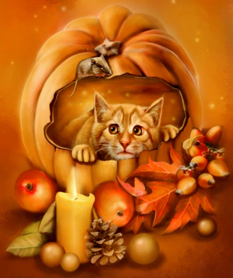 Хеллоуин - это страшно! - тыква, листья, шишка, свеча, яблоко, праздник, кот, мышь - оригинал