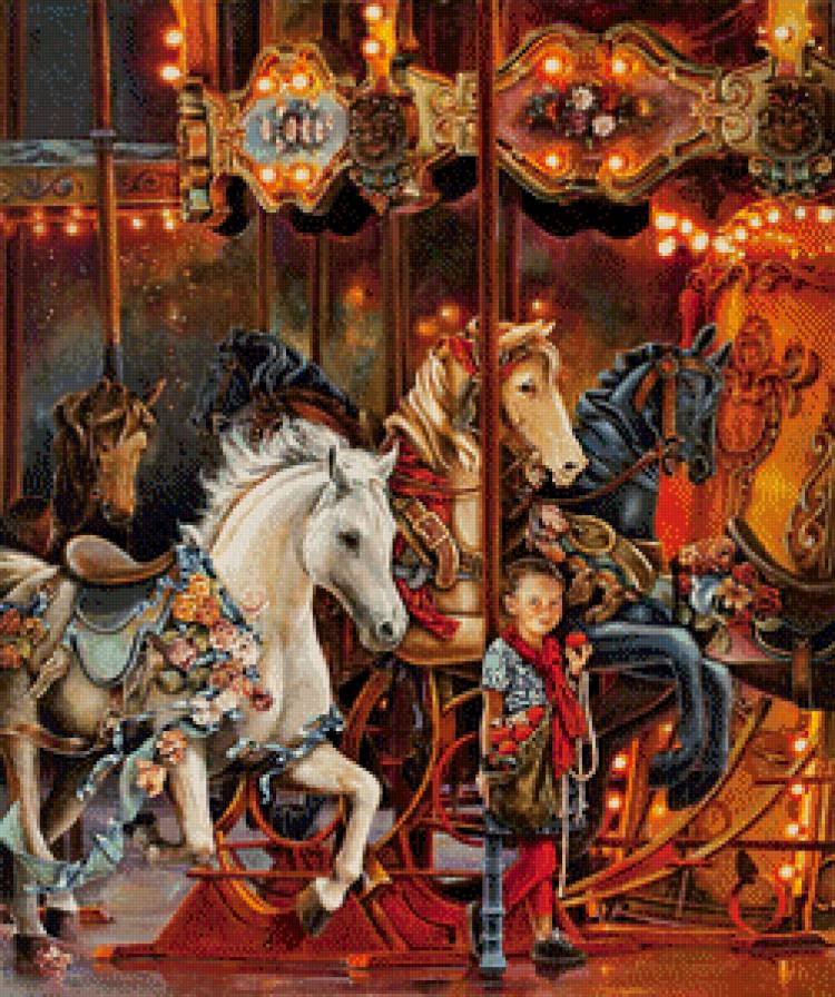 карусель мечты - картина, ребенок, живопись, детство, праздник, лошадь, конь - предпросмотр