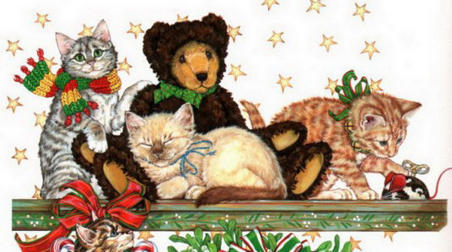 новогодняя часть1 - кот, полка, подарок, игрушки, мышь, носок, котенок, мишка, бант, пряник - оригинал