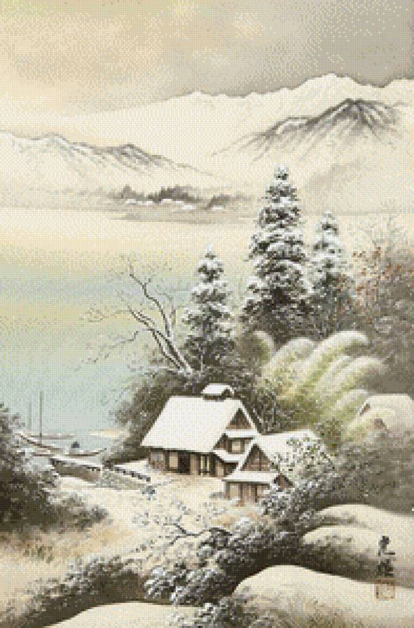 Зима в горах - восточная живопись - предпросмотр