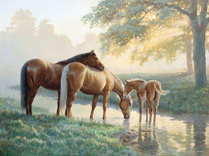 Persis Clayton Weirs - живопись, природа, река, семья, животные, лошадь, пейзаж - оригинал