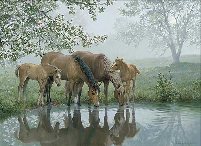 Persis Clayton Weirs - животные, лошадь, семья, живопись, река, пейзаж, природа - оригинал