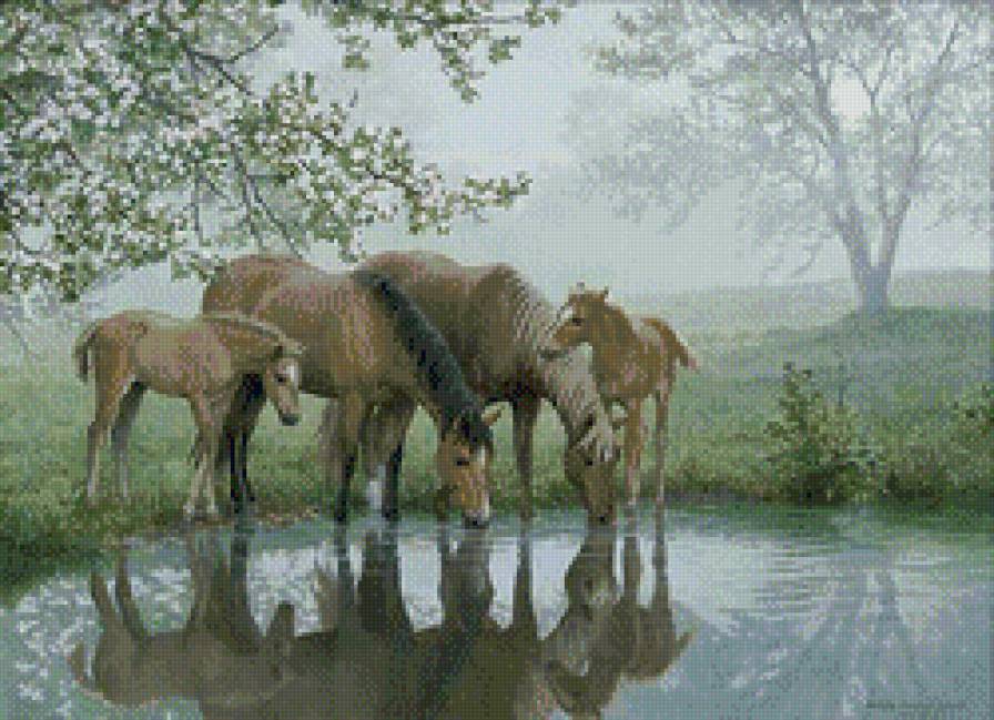 Persis Clayton Weirs - лошадь, природа, семья, живопись, животные, река, пейзаж - предпросмотр