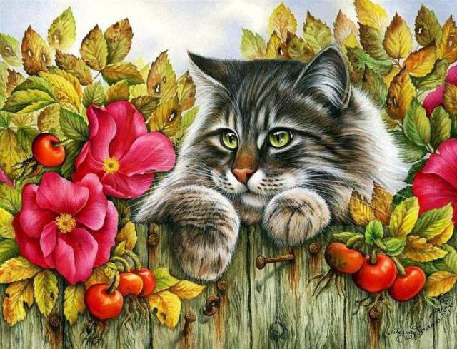 Кот на заборе - цветы, кот, забор - оригинал
