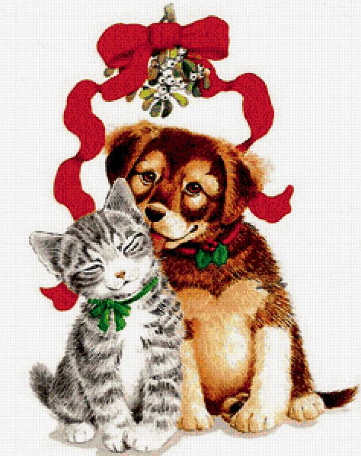 под омелой - собака, новый год, пара, бант, кот, котенок, щенок - предпросмотр