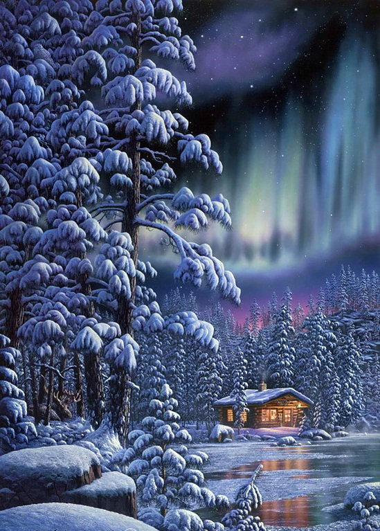 зимний пейзаж - снег, зима, река, лес, природа, дом - оригинал