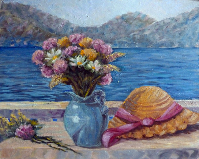 Серия "Букет" - цветы, море, букет, шляпка, горы, пейзаж - оригинал
