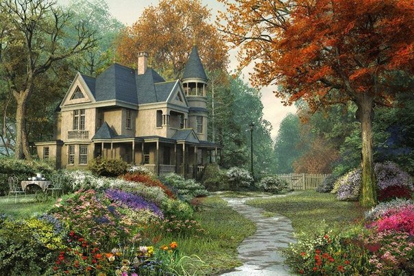 Серия "Пейзажи" - домик, пейзаж, дорога, цветы, лето - оригинал