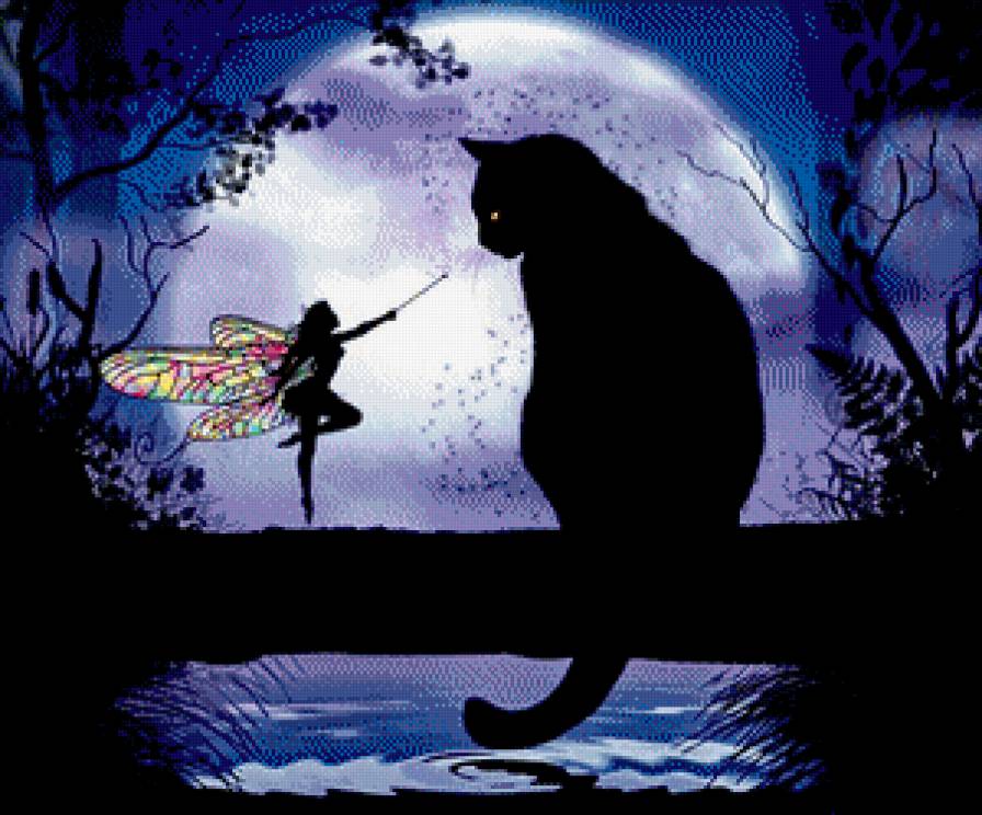 фэнтези - природа, вода, ночь, кошка, кот, фея, луна, крылья - предпросмотр