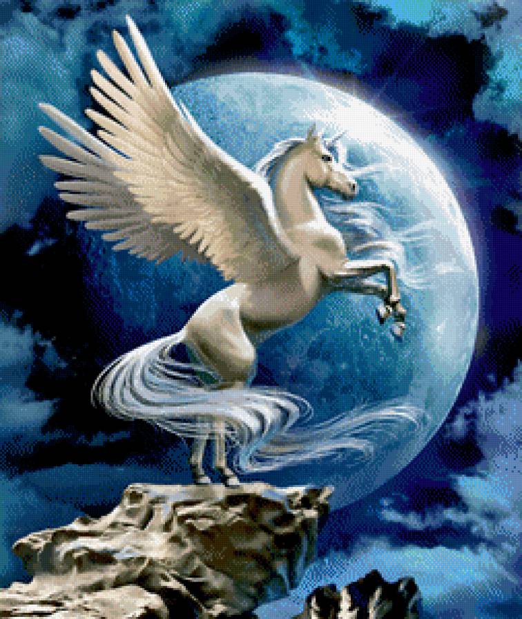 единорог - лошадь, гора, ночь, крылья, фэнтези, луна - предпросмотр
