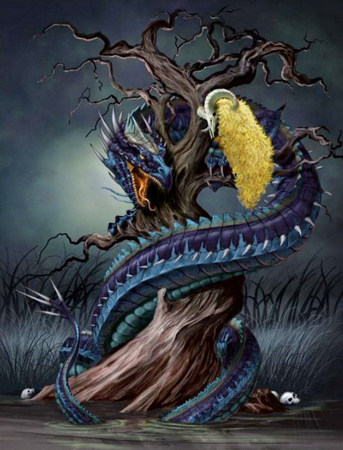 хранитель золотого руна - легенда, ночь, дракон, фэнтези, дерево - оригинал
