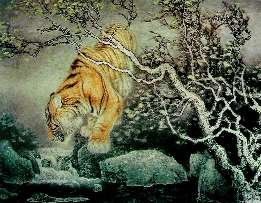 китайская живопись - хищник, тигр, вода, природа - оригинал