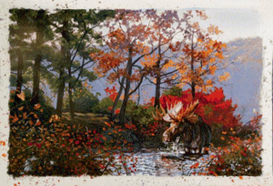 пейзажи родины - животное, лось, картина, лес, осень, живопись, озеро, природа - предпросмотр