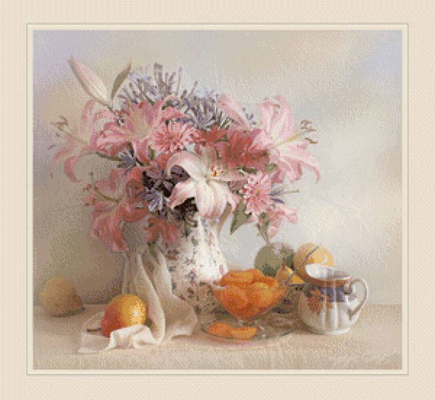 Натюрморт - лилии, цветы, фрукты, натюрморт - предпросмотр