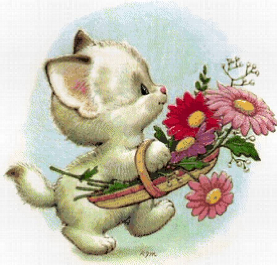 Котёнок с цветами - малыши, деткам, цветы, ромашки, котенок, герберы, котята - предпросмотр
