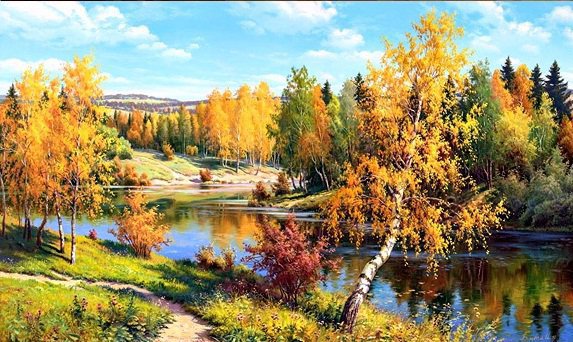 осенний пейзаж - река, природа, березы, осень, пейзаж - оригинал