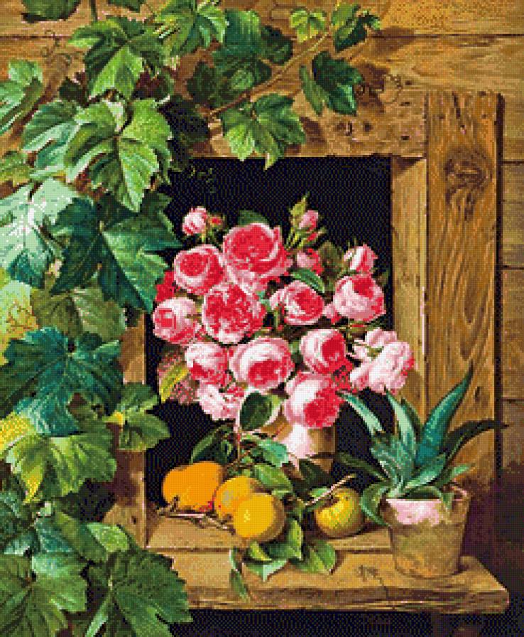 Цветочный натюрморт - букет, фрукты, розы, натюрморт, цветы, виноград, роза, персики - предпросмотр