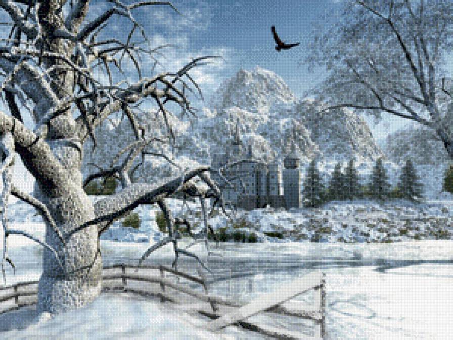 Серия "Пейзажи" - птицы, замок, зима, снег, пейзаж, река - предпросмотр