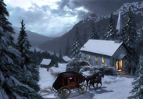 Серия "Пейзажи" - зима, кони, домик, горы, снег, люди, пейзаж, животные, лошади - оригинал