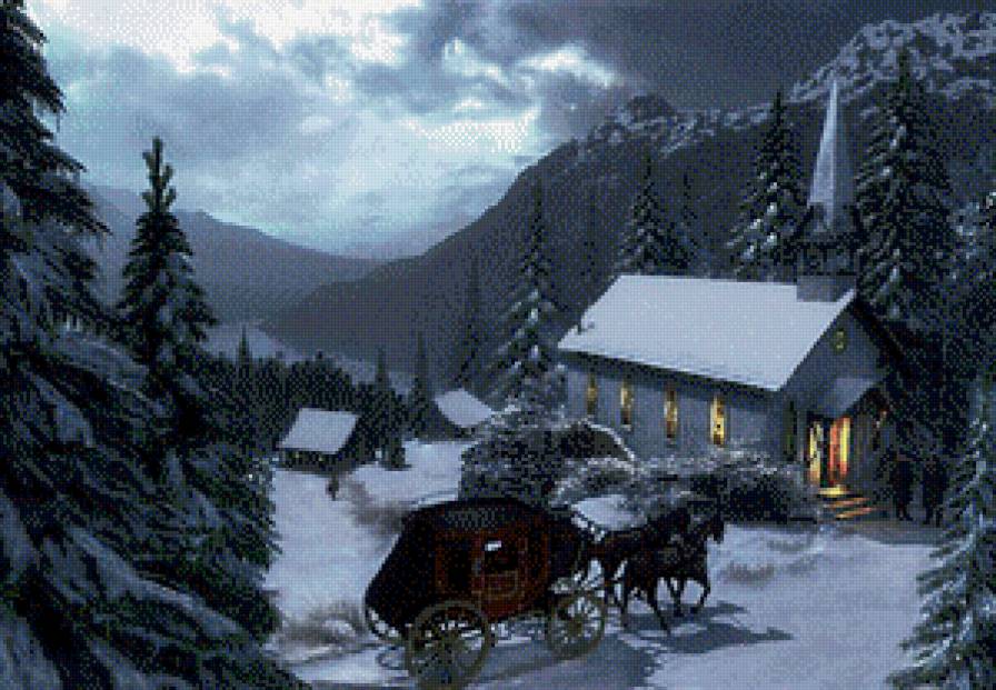 Серия "Пейзажи" - домик, люди, пейзаж, зима, горы, снег, лошади, кони, животные - предпросмотр