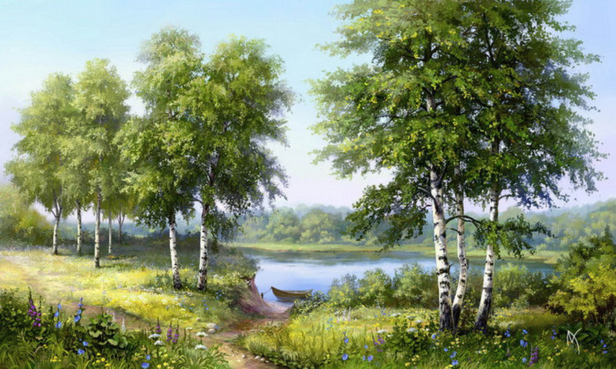 пейзажи родины - картина, береза, озеро, природа, живопись - оригинал