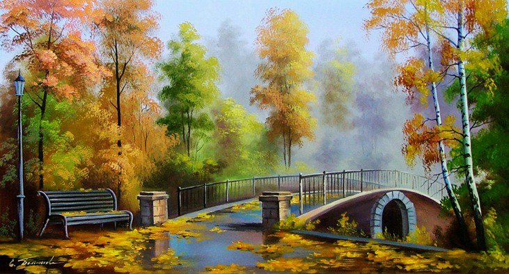 осенний пейзаж - природа, деревья, осень, река, вода, мост - оригинал