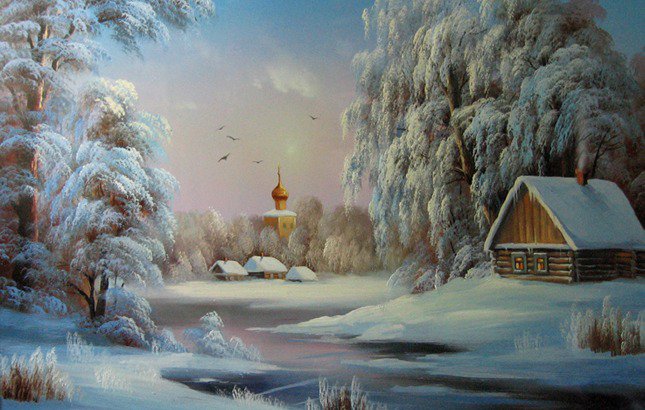 зимний пейзаж - природа, лес, зима, снег, река, дом - оригинал