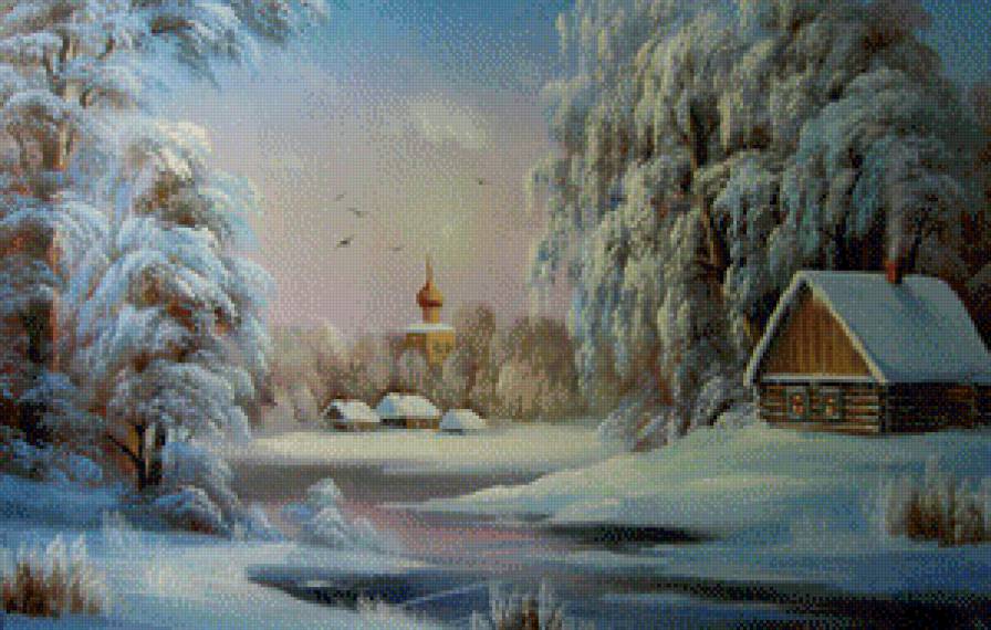 зимний пейзаж - природа, снег, зима, дом, река, лес - предпросмотр