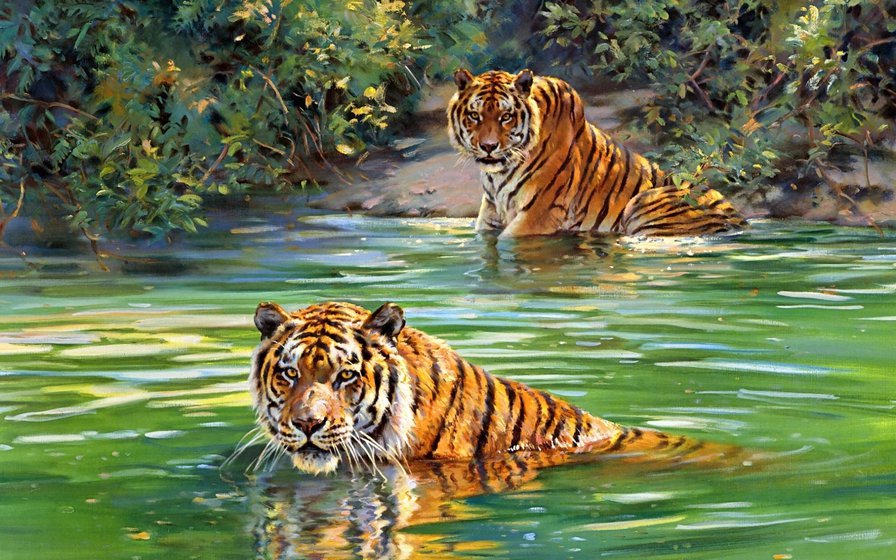 купающиеся тигры - кошки, картина, хищники, пейзаж, картины - оригинал